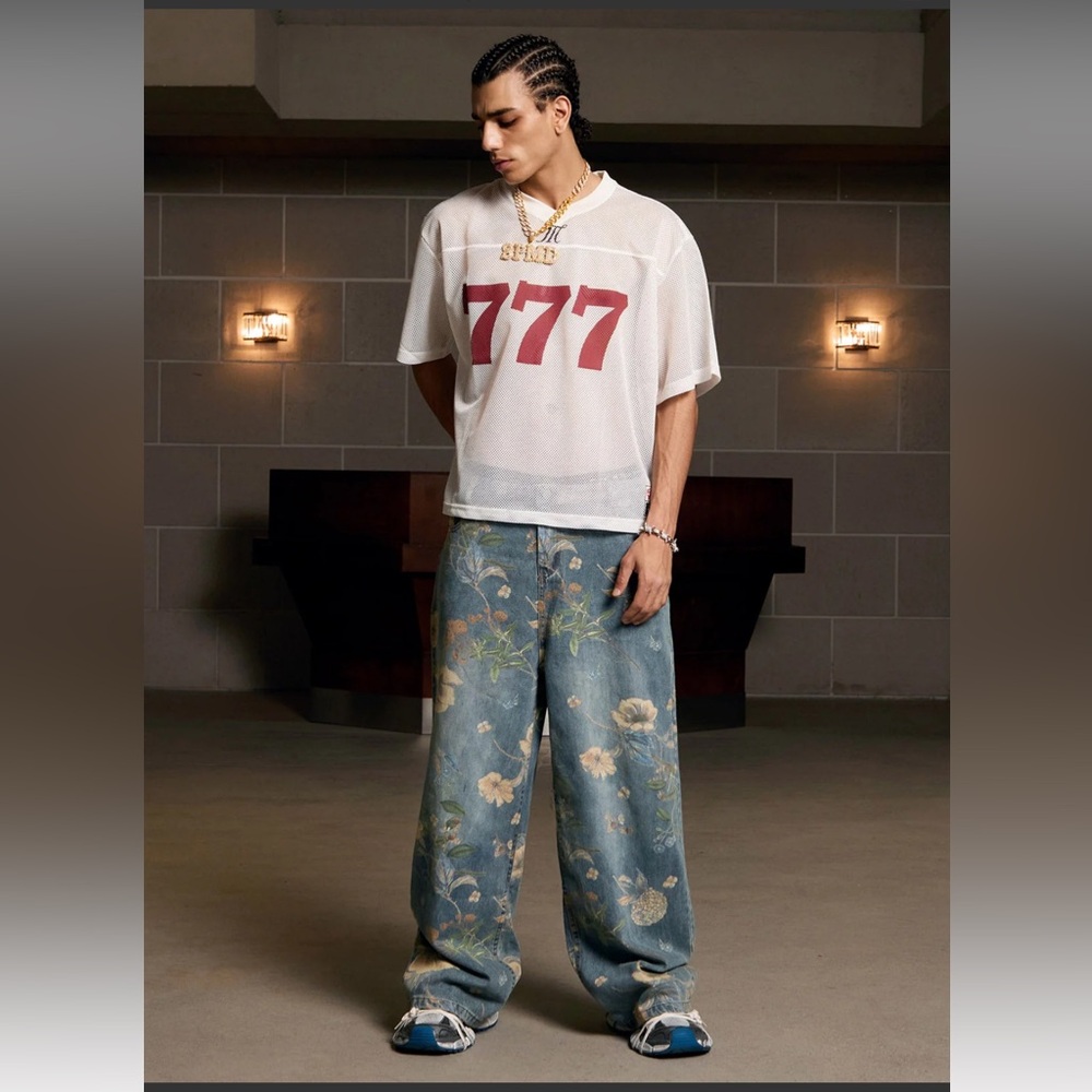 The Super Made Denim Floral Print Carpenter Wide leg High waist Jeans Unisex
